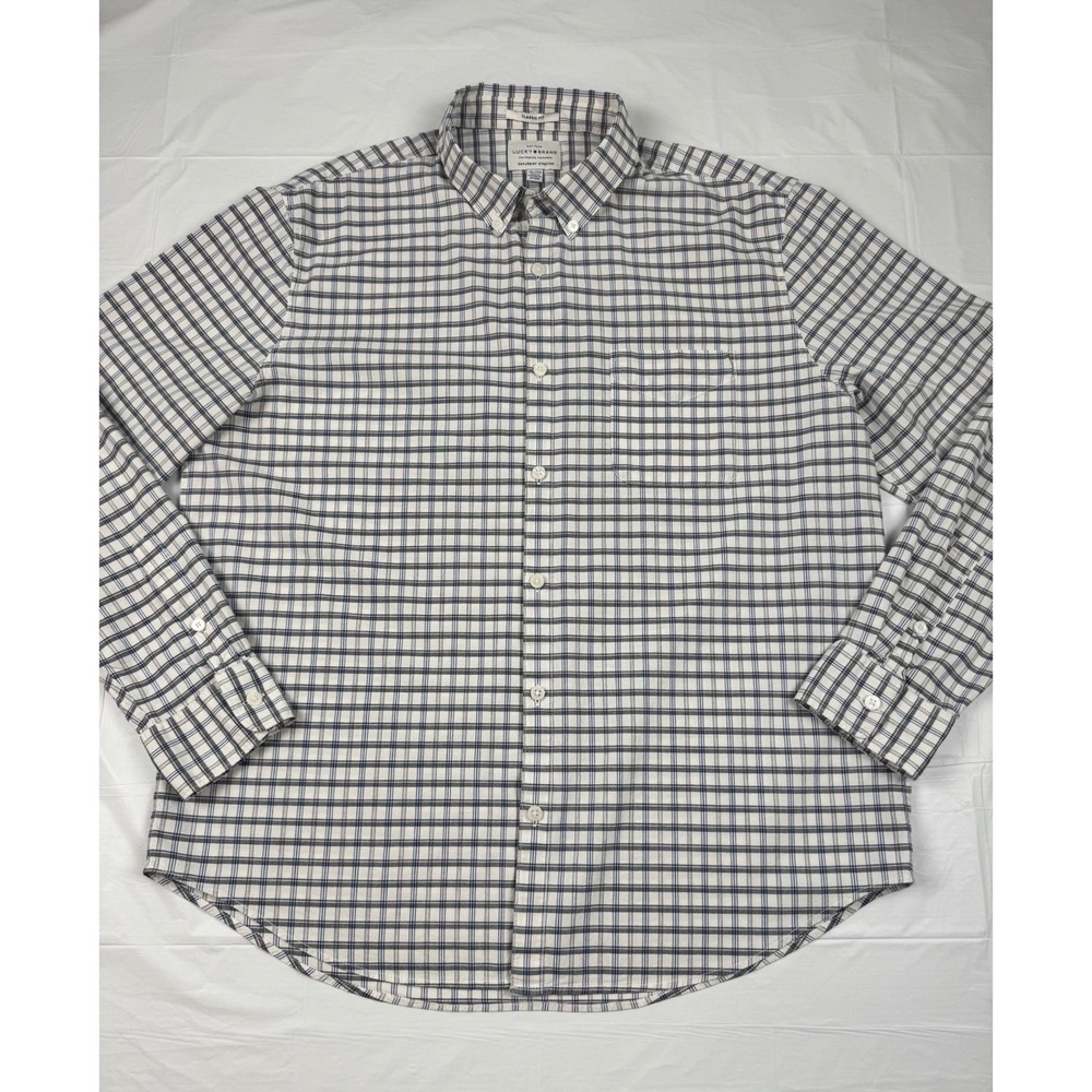Lucky Brand Mens XL Saturday Stretch Plaid Button Down Shirt Classic Fit Blue